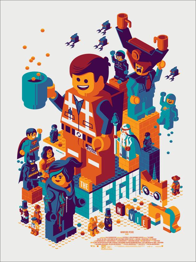 「THE LEGO MOVIE」 Poster by Tom Whalen.  18"x24" screen print. Hand numbered. Edition of 475.  Printed by D&L Screenprinting.  US$45